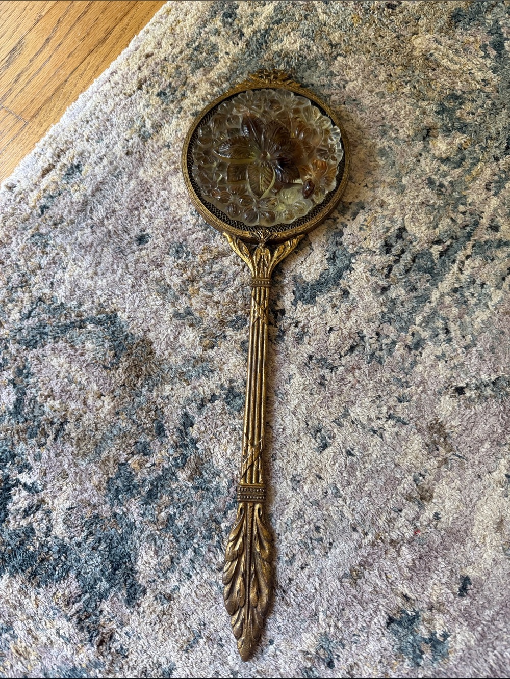 Antique Brass Ornate Victorian Gold Hand Mirror Glass Floral Accent Rare